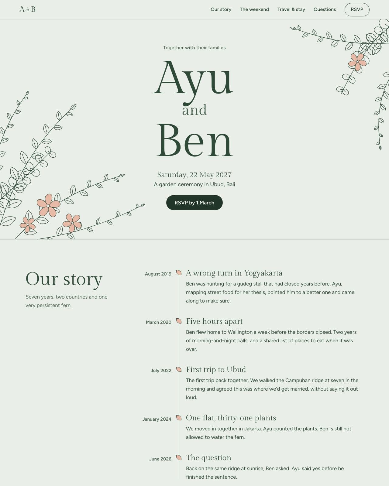 Ayu and Ben botanical wedding website with leaf drawings