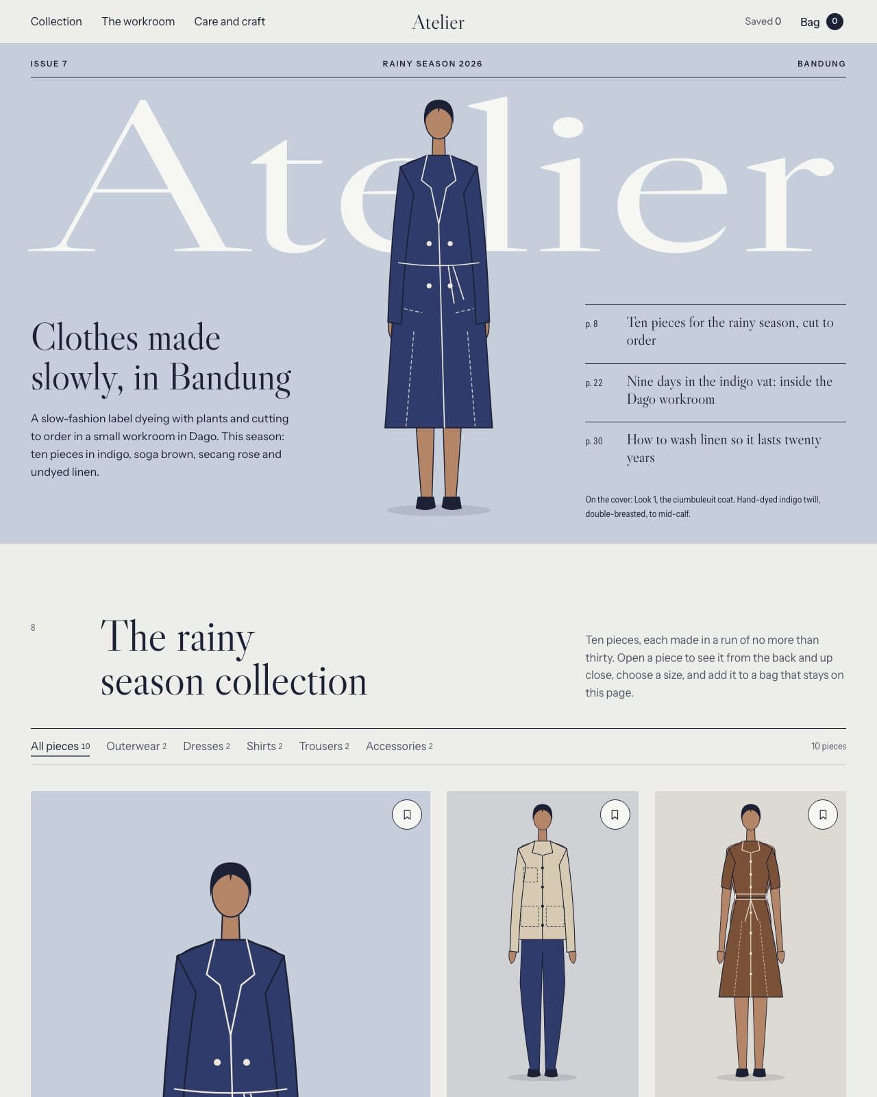 Atelier fashion site with an editorial grid of garments