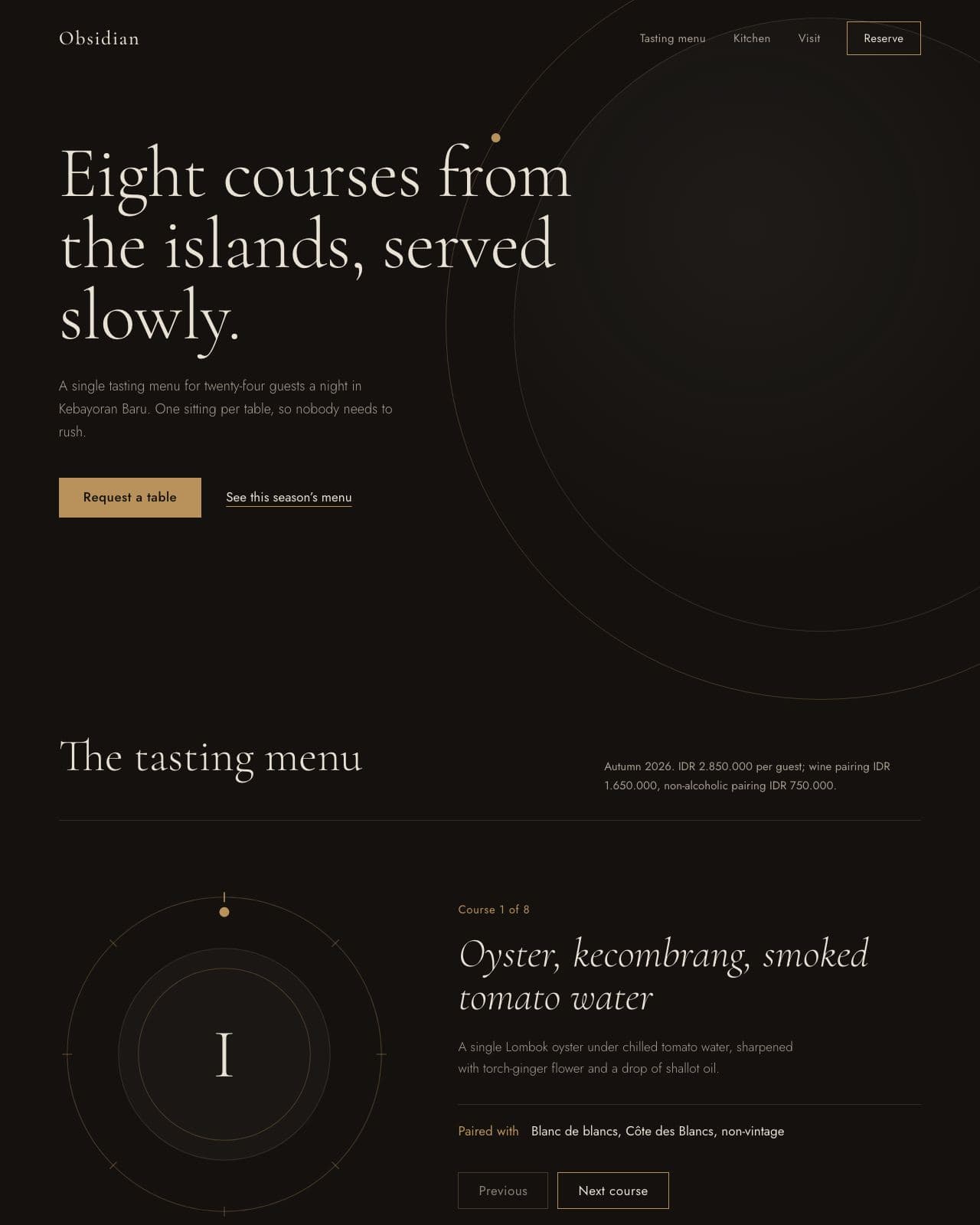 Obsidian restaurant website in black and brass