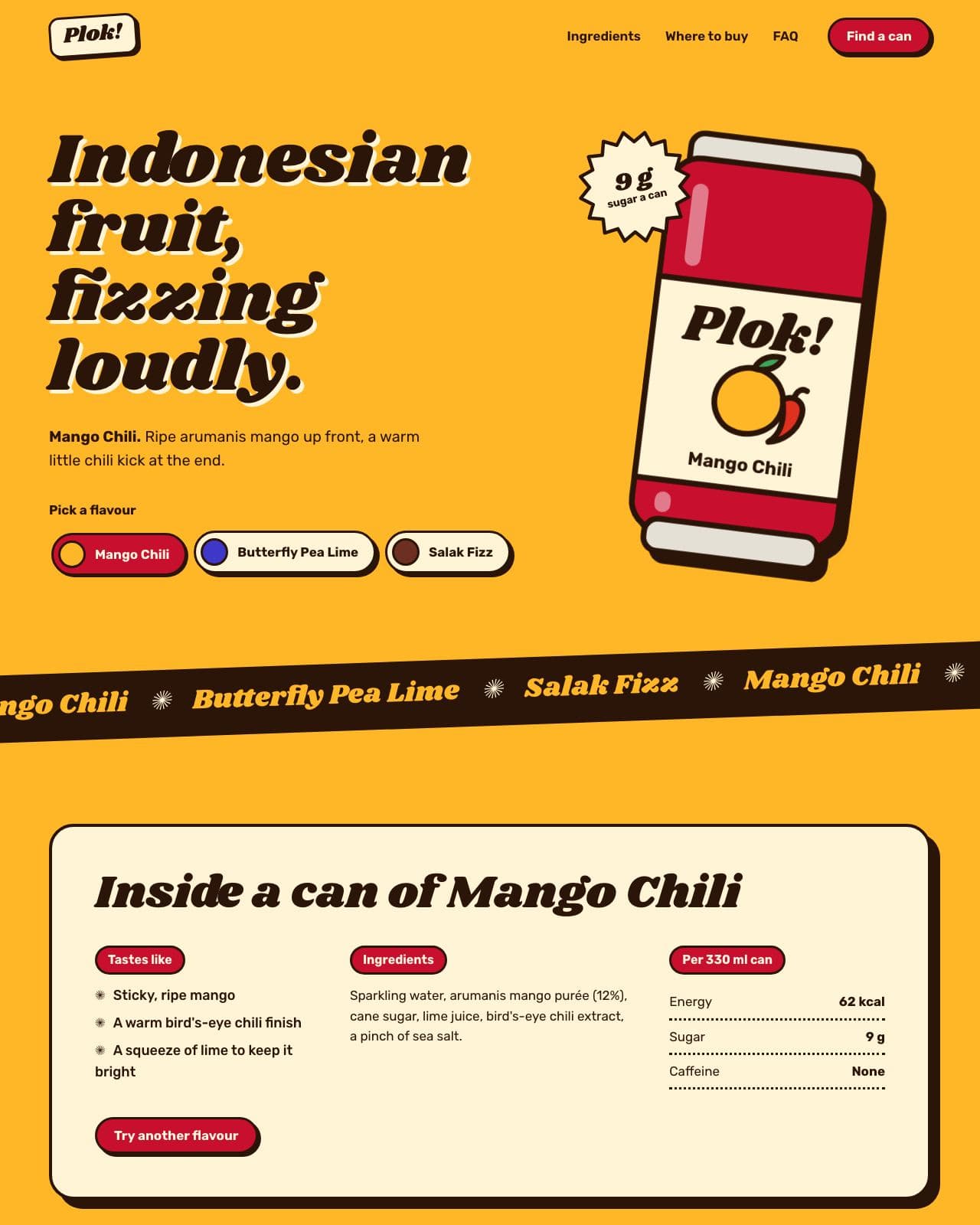 Plok! soda landing page with a mango-coloured can